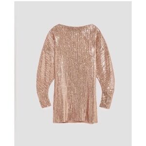 Zara Women's Medium Sequin Rose Gold Long Sleeve Shirt Dress Holiday‎ HOCO